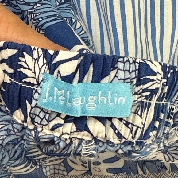 J. McLaughlin White Blue Palm Print Eugene Palazzo Pants M Wide Leg Patchwork - Picture 6 of 14